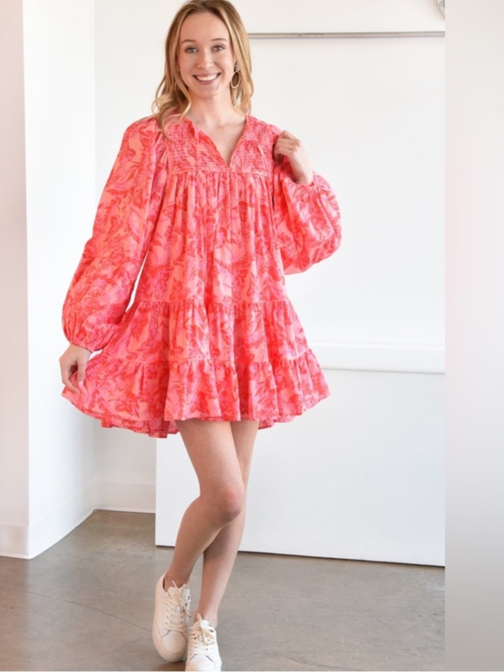 Olivaceous L Ruffle Balloon Sleeve Mini Dress Pink Floral Flowy Hawaii Coral